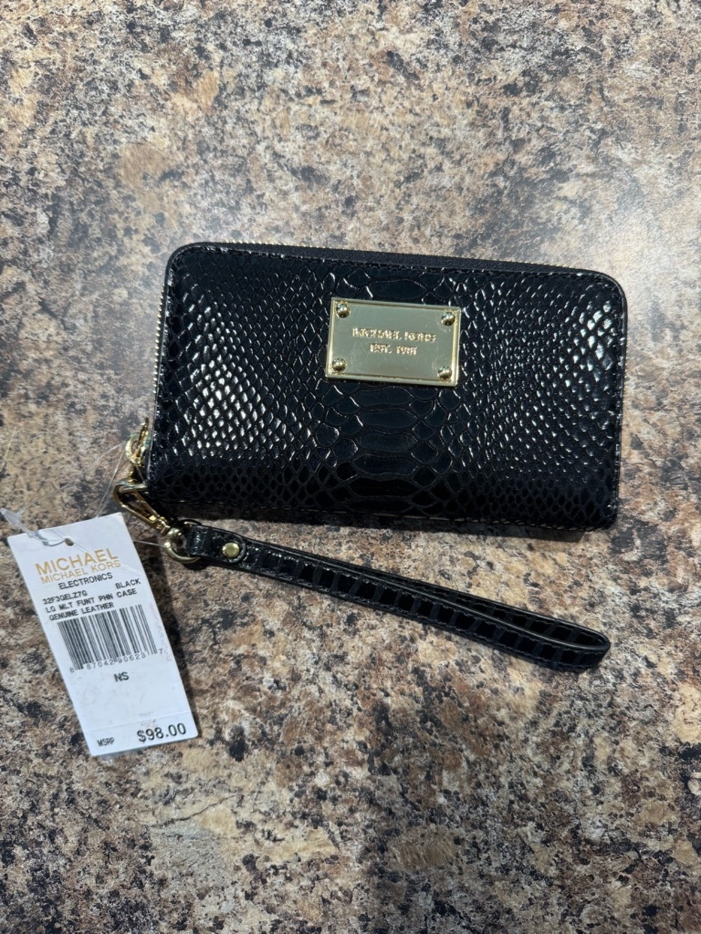 NWT! Michael Kors Black Croc-Embossed Zip-Around Wristlet Wallet